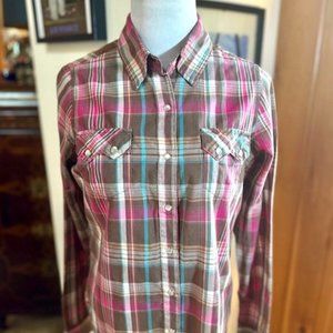 WRANCHER by WRANGLER Western Style Brown, Cream, Pink and Blue Plaid Shirt - S